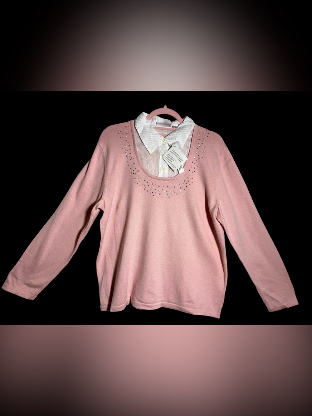 Quacker Factory Pink Scoop Twofer Neck Sweater with Rhinestones